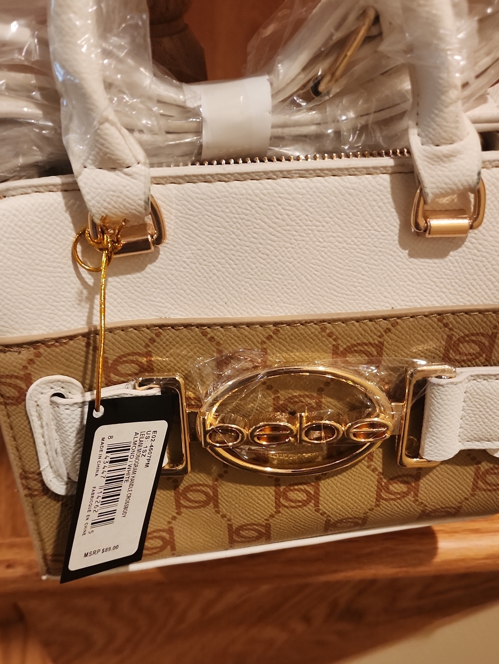 Bebe Leilani Monogram Top Handle Crossbody Bag Almond/Cream Gold Hardware NWT - Picture 5 of 5